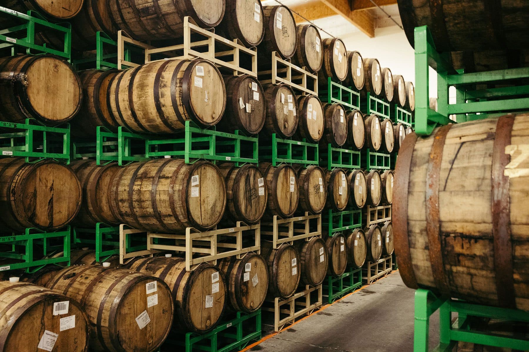A wall of barrels at the Sierra Nevada barrel room