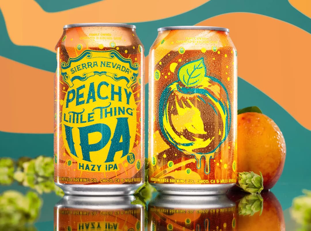 Two cans of Peachy Little Thing Hazy IPA, showing the front and back of the can