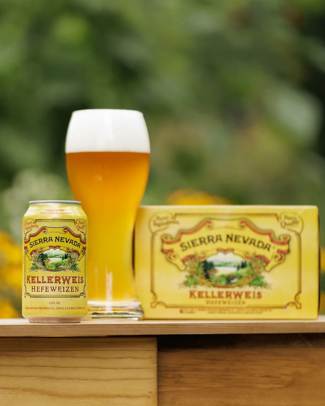 A can, glass, and six-pack of Sierra Nevada Kellerweis